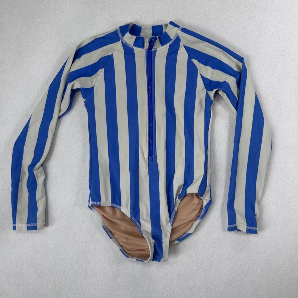 Crewcuts Girls Rash Guard Swimsuit Striped Long Sleeve UPF 50+ Blue Size 10 NWOT